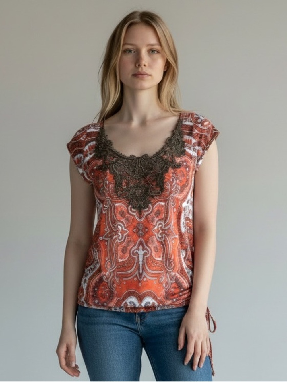 Free People | Y2K Boho Orange Print Crochet Lace Detail Top L